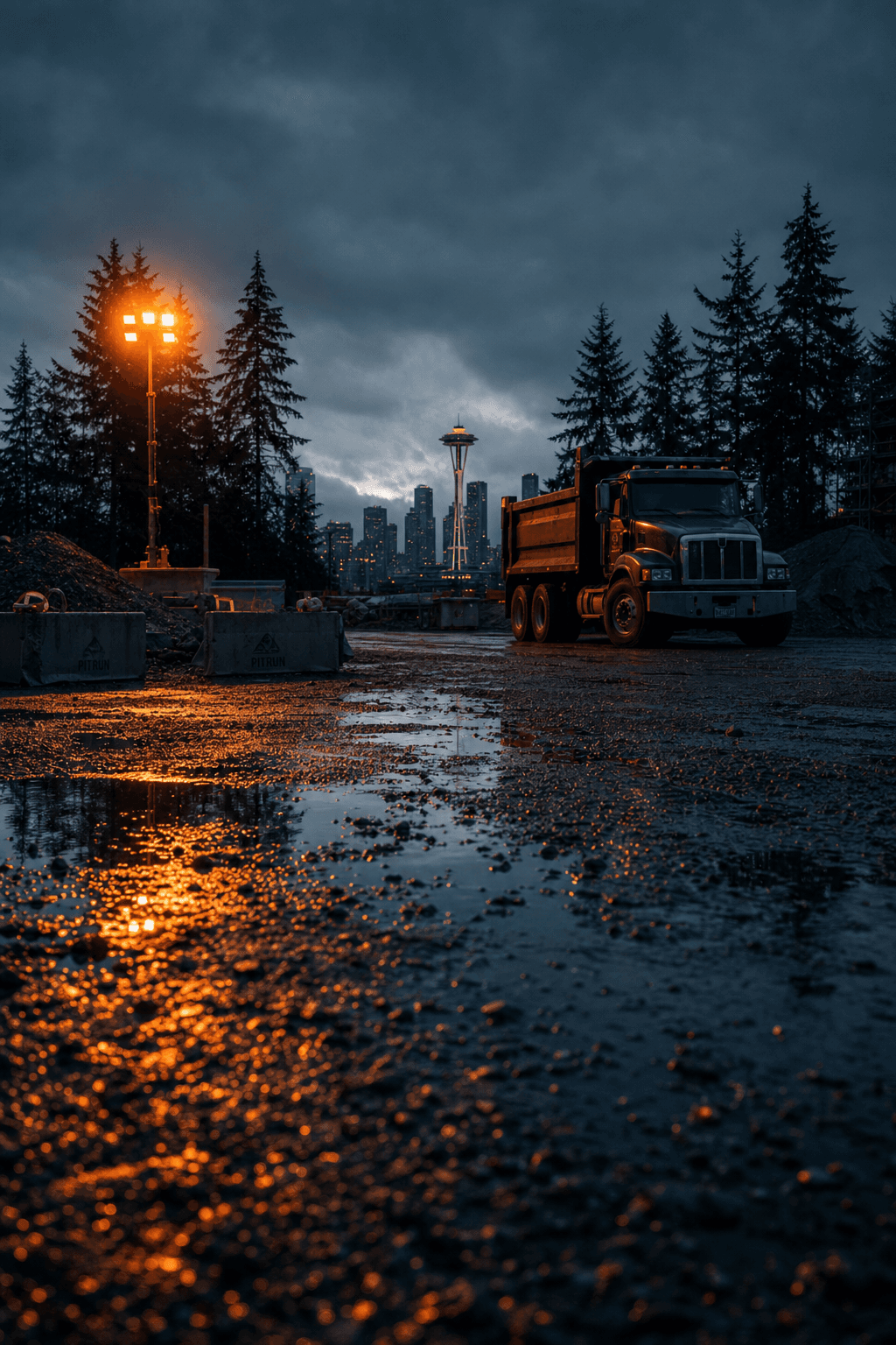 Empty Seattle construction site at blue hour with warm orange work light reflecting in puddles and a parked dump truck in the background