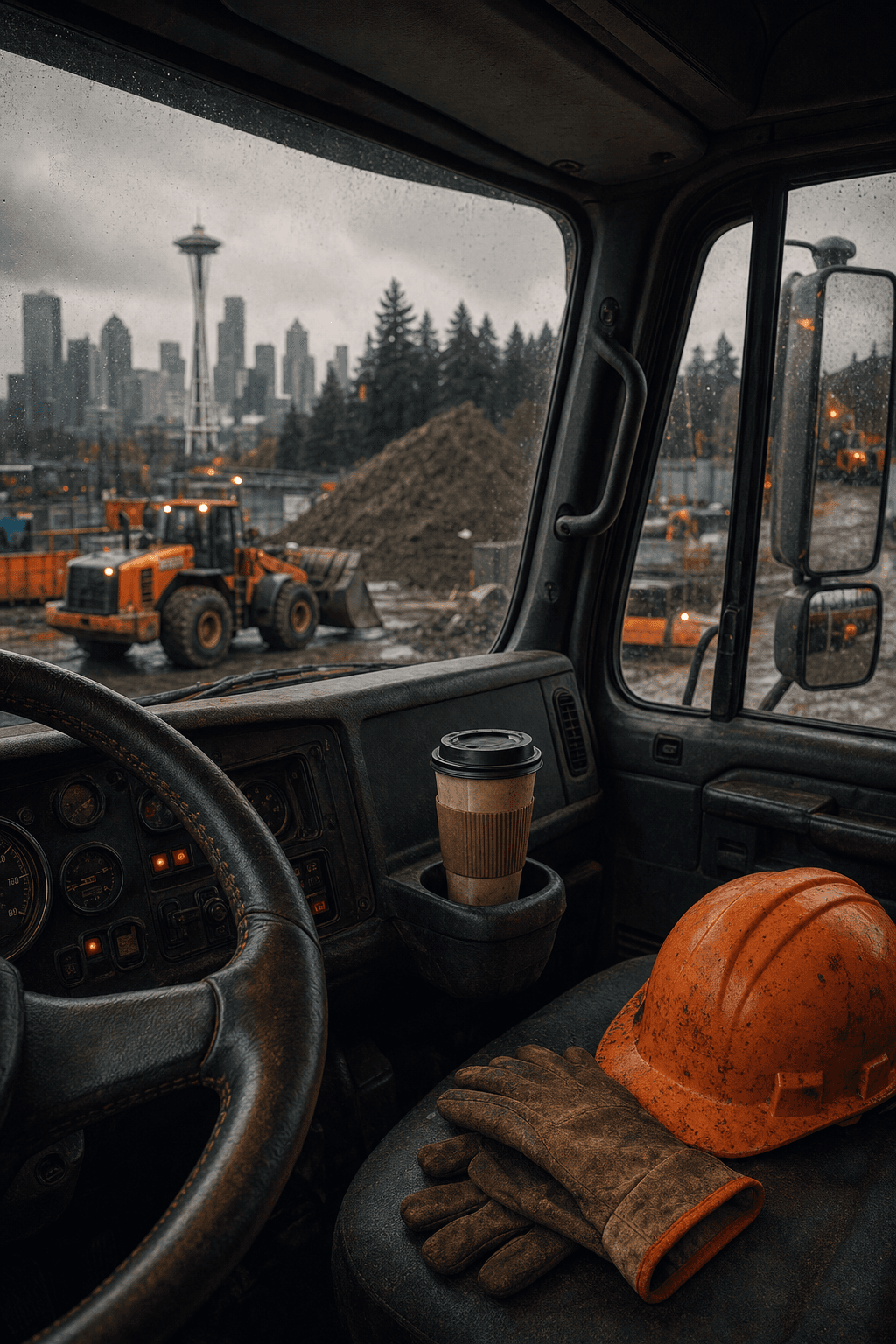 View from inside a dump truck cab overlooking a Seattle job site, coffee on the dashboard, overcast Pacific Northwest sky.