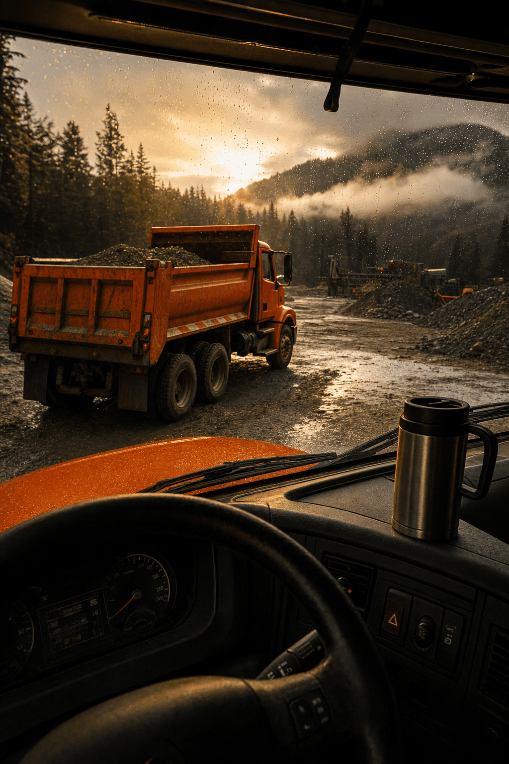 Dump truck cab interior at golden morning light over a wet Seattle construction site, evoking calm confidence before a day's hauling work.