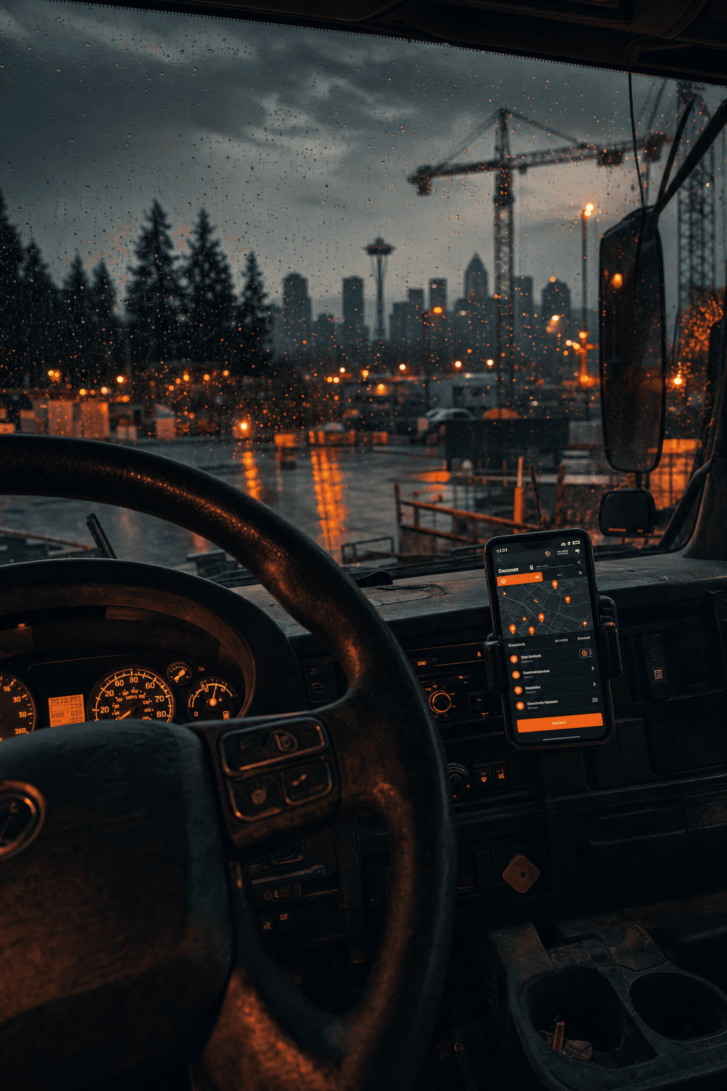 View from inside a dump truck cab at dusk, rain on the windshield, warm orange dash light and distant construction cranes in the Seattle mist
