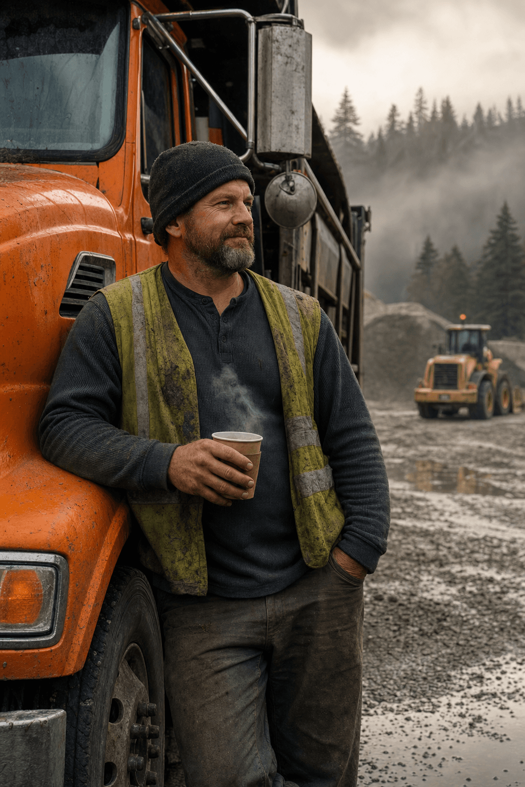 Owner-operator leaning against his burnt-orange dump truck at a Seattle gravel pit in early morning light, coffee in hand.
