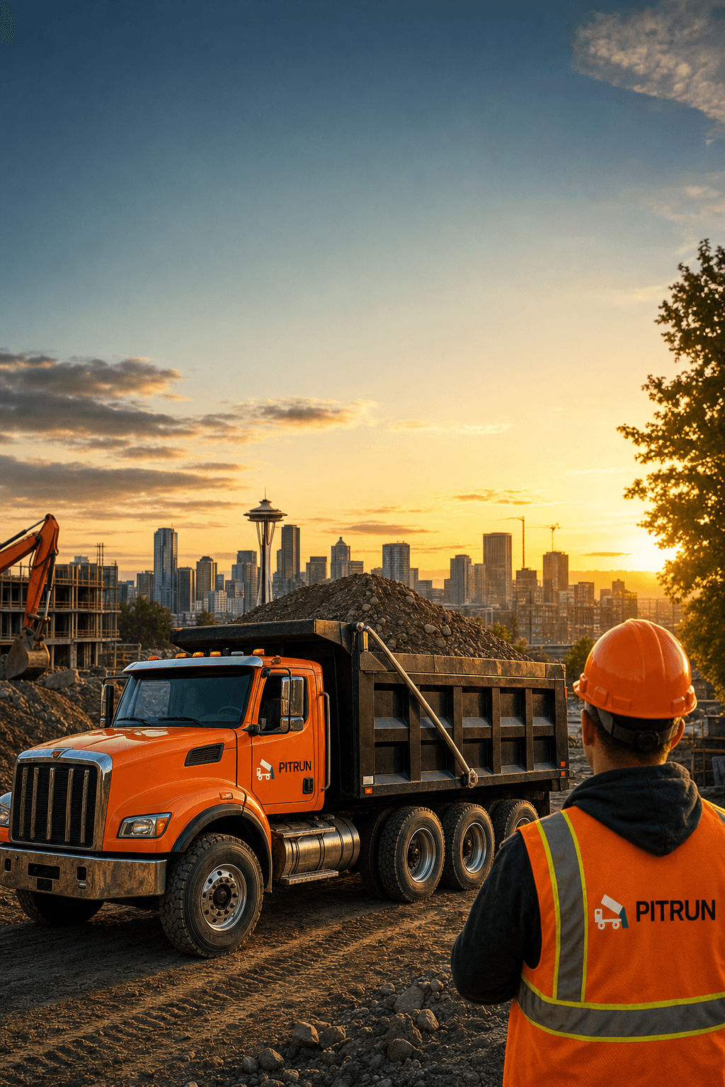 Dump truck at a Seattle construction site with Pitrun branding colors