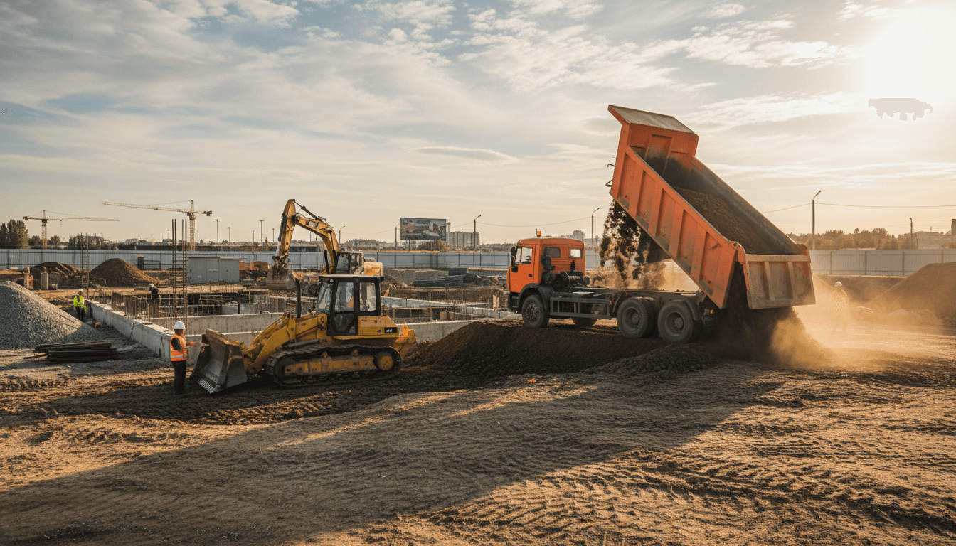 Dump truck unloading dirt at a construction site