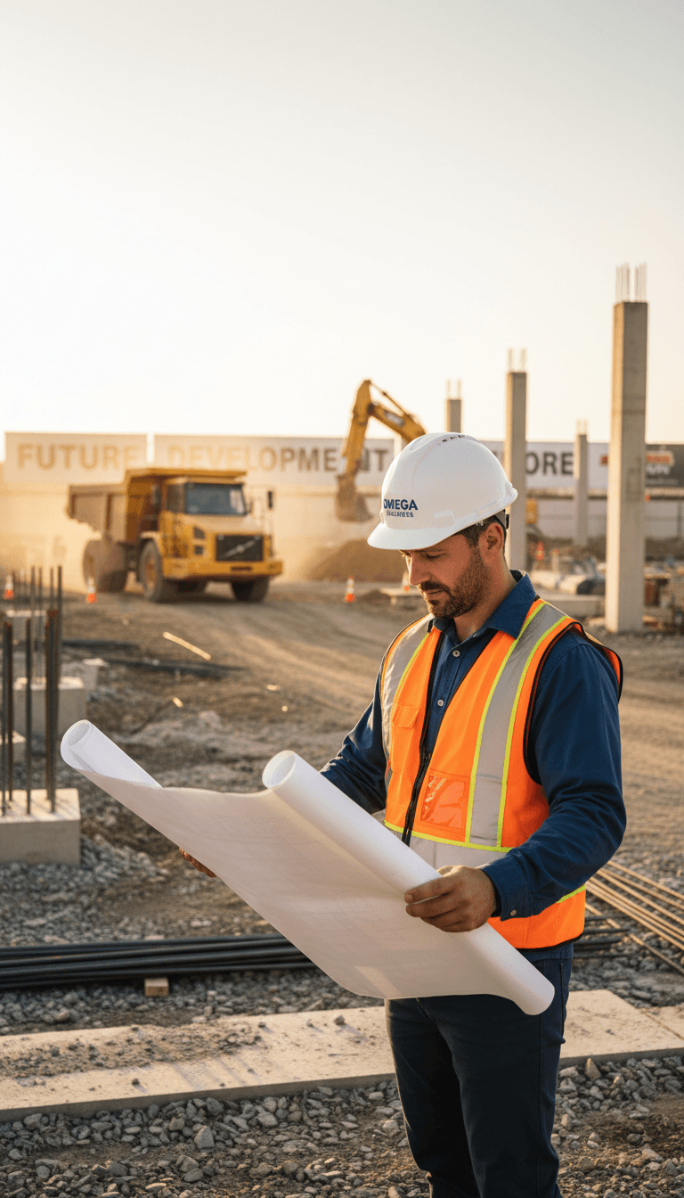 Contractor reviewing plans on a job site with a dump truck nearby