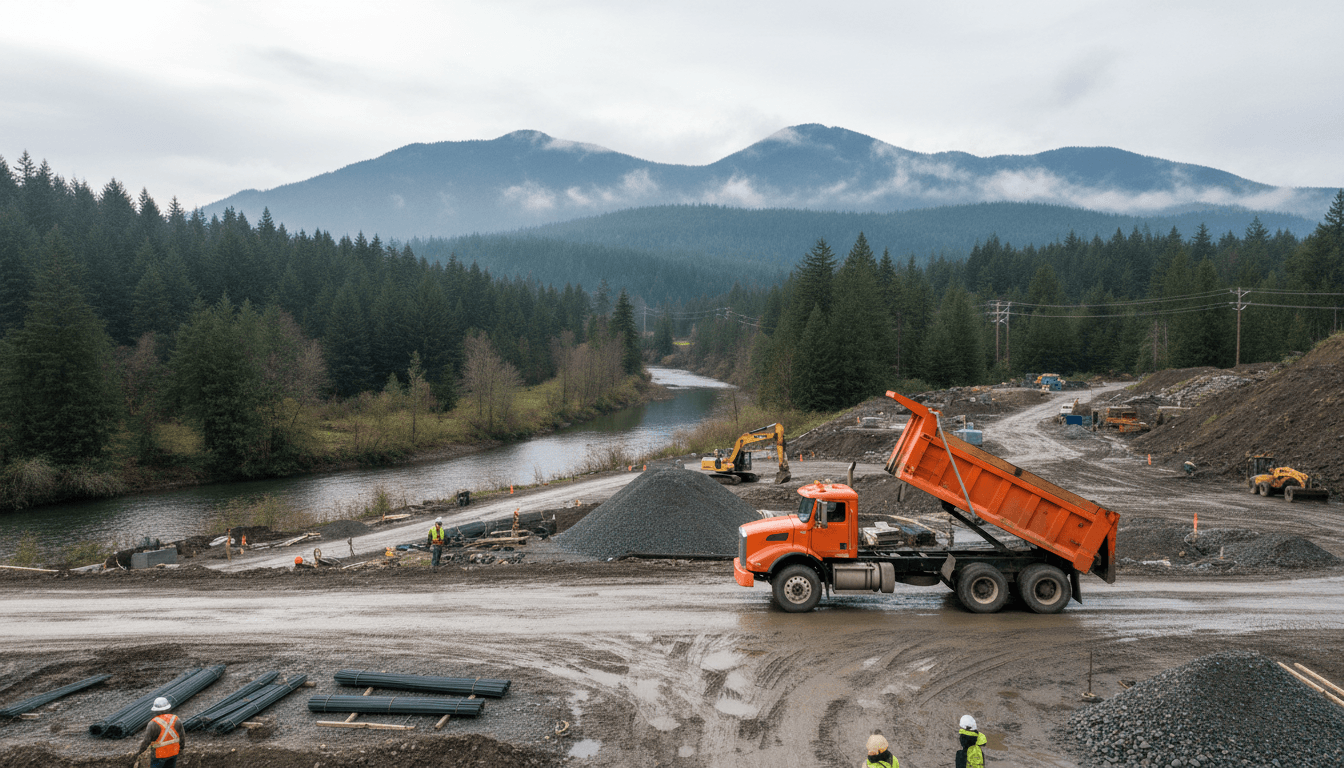 Dump truck parked at an active construction site with mountains in the background