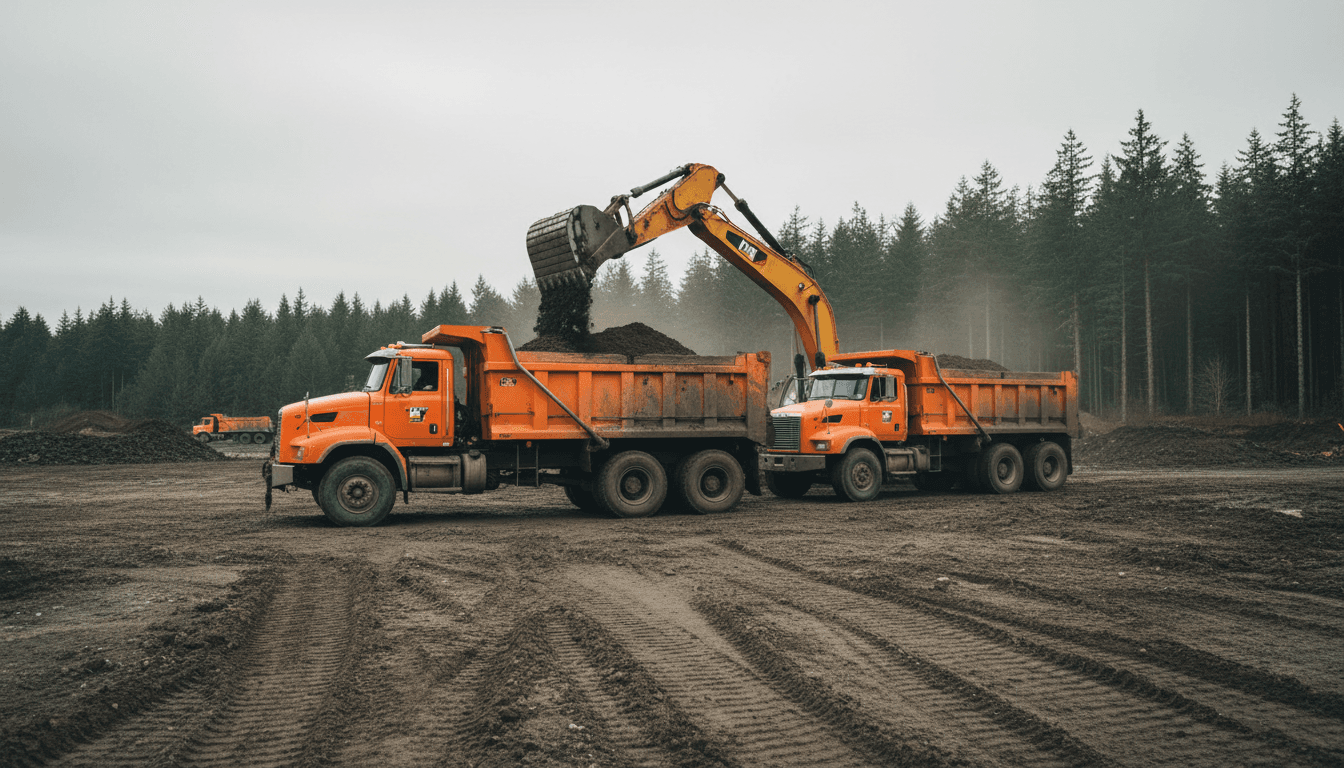 Dump truck being loaded with fill dirt at an active construction site in the Pacific Northwest