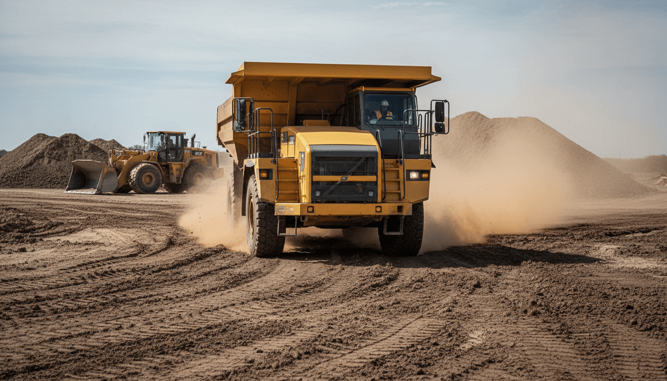 Dump truck in motion on a muddy haul road at a construction site