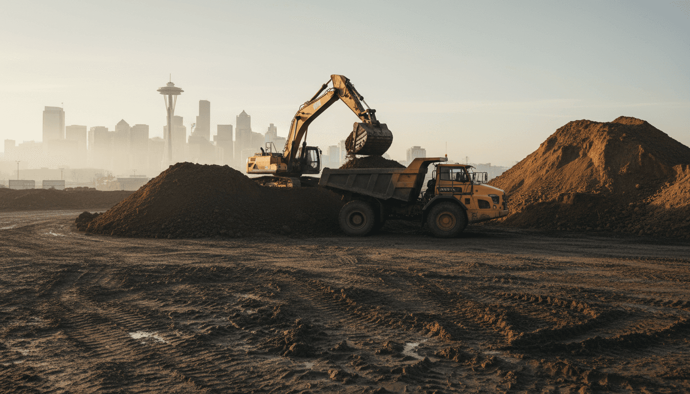 Excavator loading fill dirt into a dump truck on a construction site with the Seattle skyline in the background
