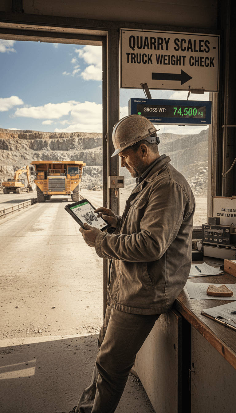 Dump truck driver checking a scale ticket on a tablet