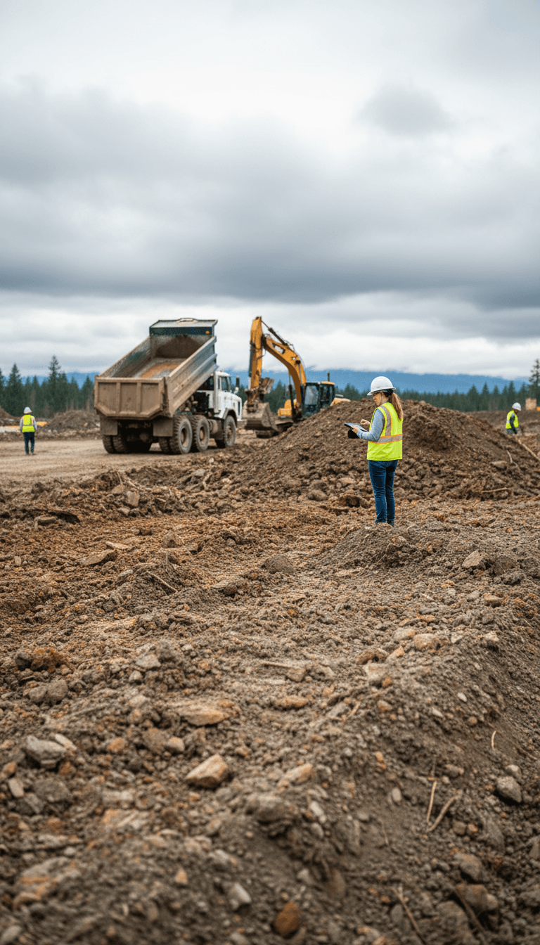 Contractor checking a tablet on a fill dirt pile with a dump truck nearby