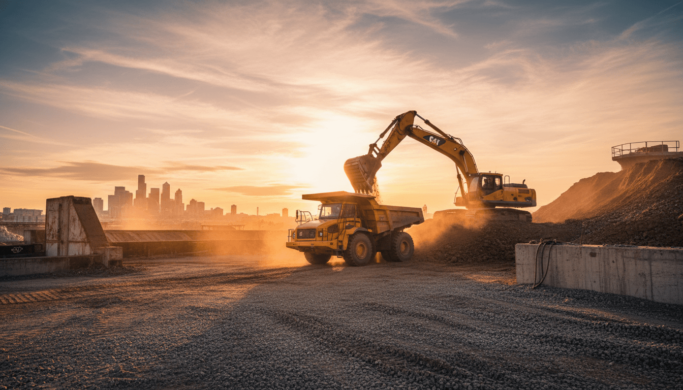 Dump truck being loaded with fill dirt at a construction site in Washington state