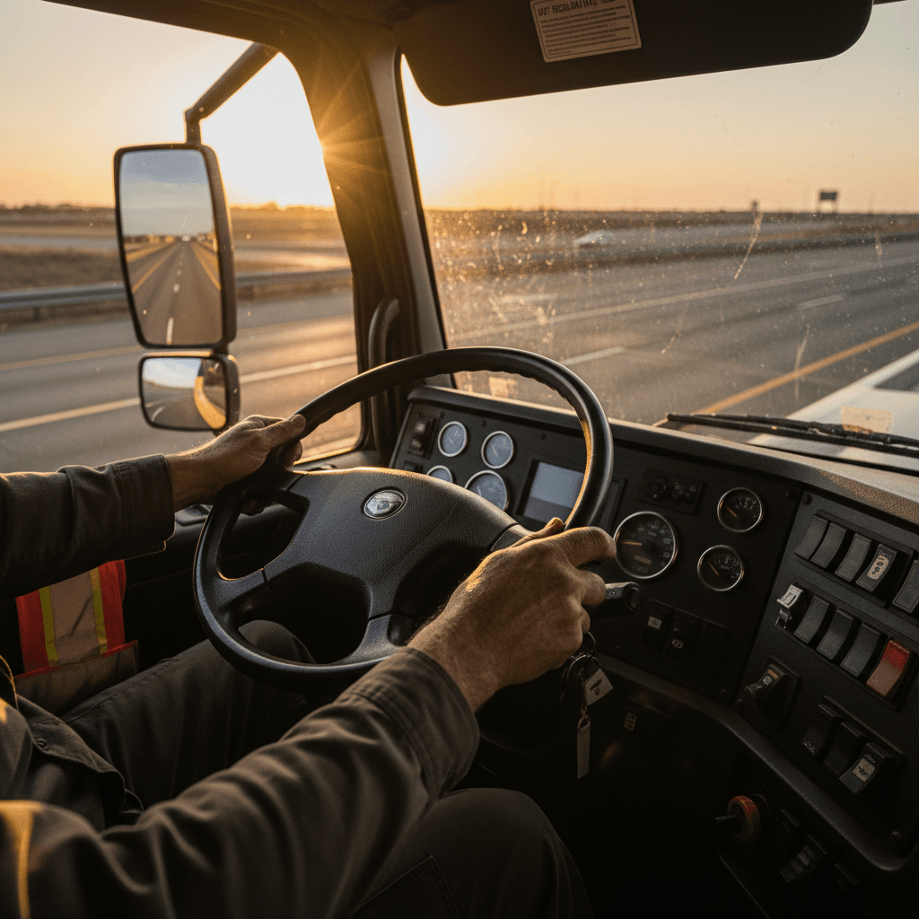 Dump truck driver's hands on the steering wheel inside the cab