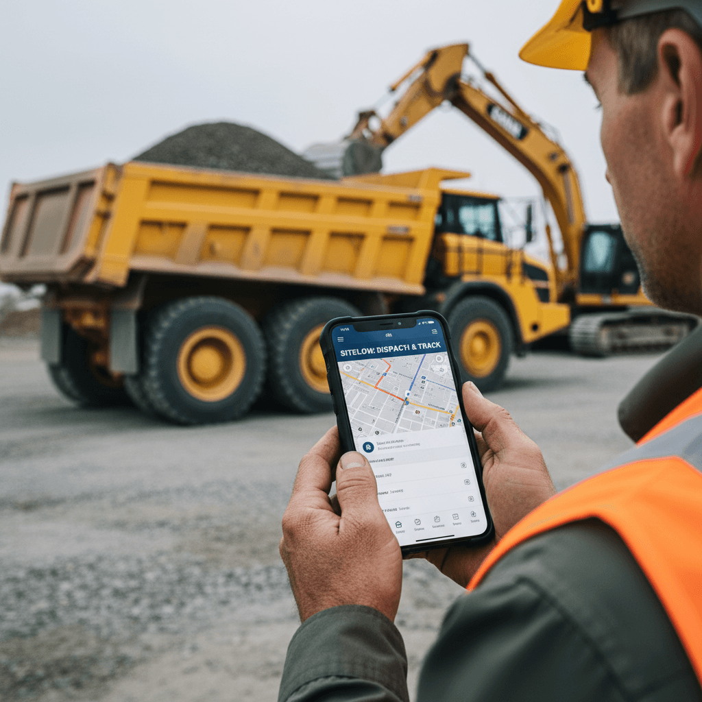 Contractor holding a smartphone showing truck routes on a map at a construction site