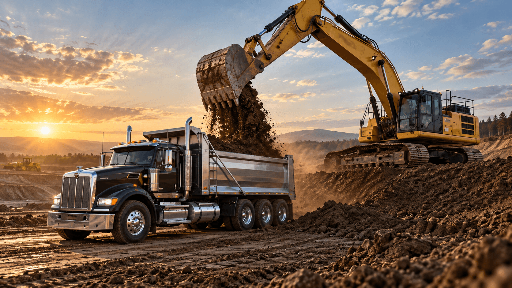 Yellow excavator loads soil into a black dump truck at a construction site during sunset.