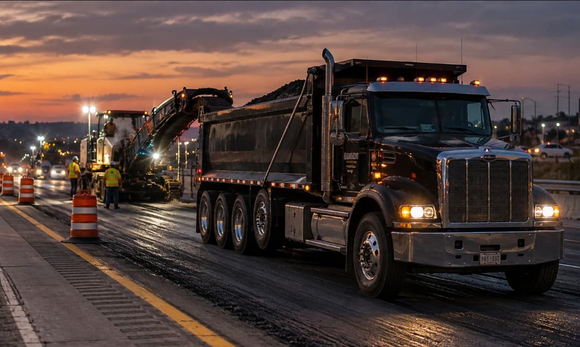 A black dump truck being loaded with asphalt by a milling machine at sunset.