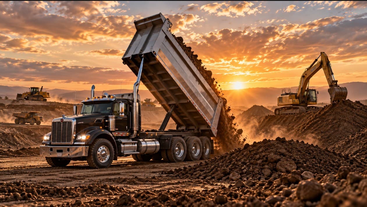 Dump truck unloading soil at a construction site with an excavator during golden sunset.
