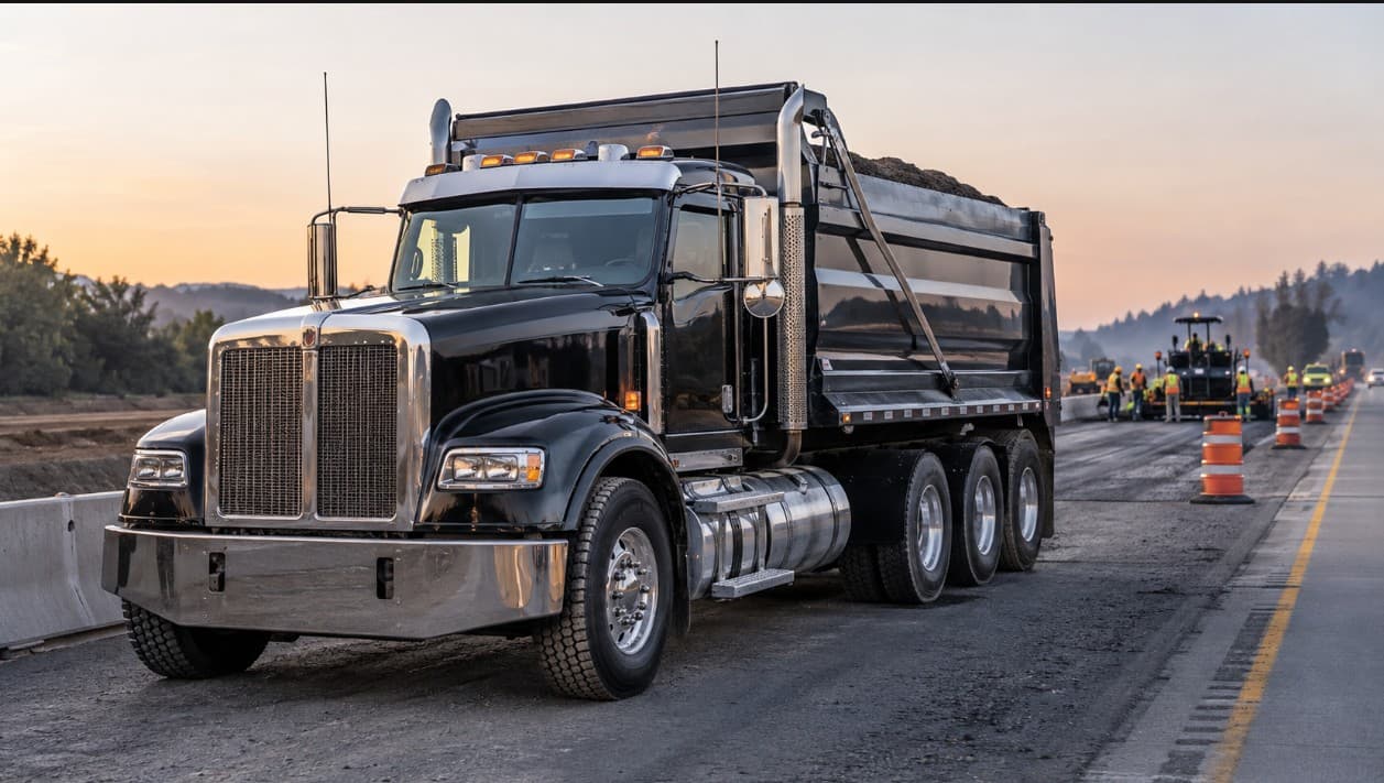 Black dump truck parked on a highway construction site during a hazy golden sunset.