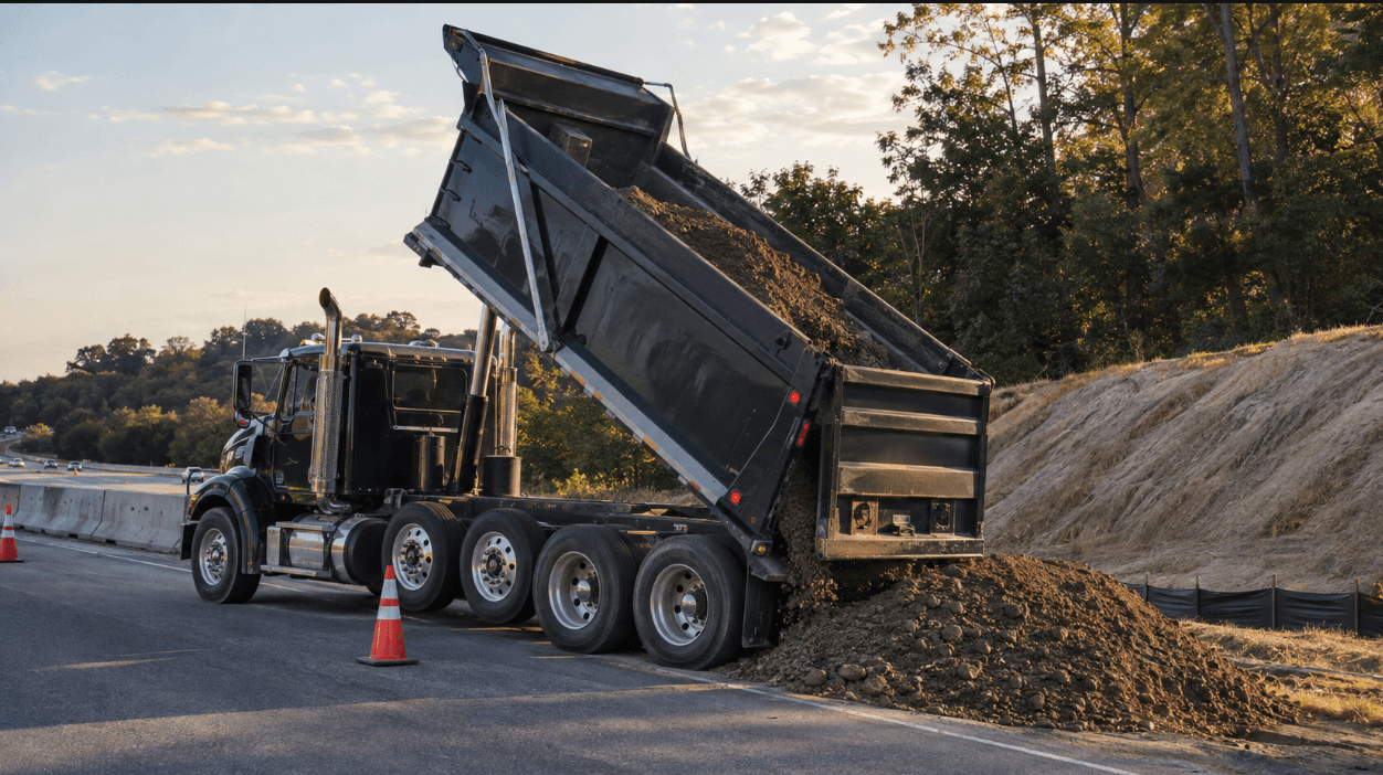 Black dump truck with raised bed unloading soil on a highway roadside during sunset.