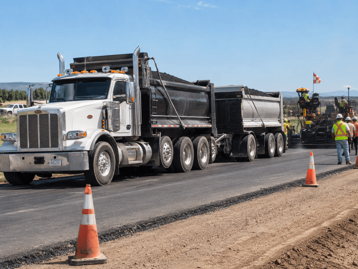 White dump truck and trailer hauling asphalt on a road construction site with workers.