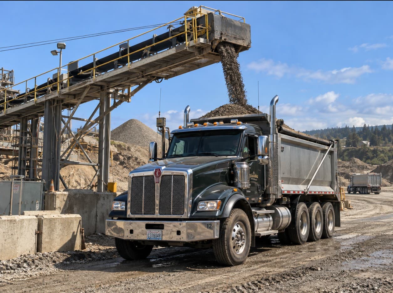 Dark green dump truck being loaded with gravel from a conveyor belt at a quarry.